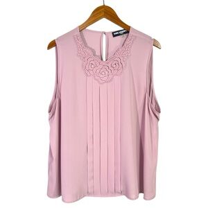 Karl Lagerfeld Dusty Pink Sleeveless Pleated Front Top with Rose Lace Neckline